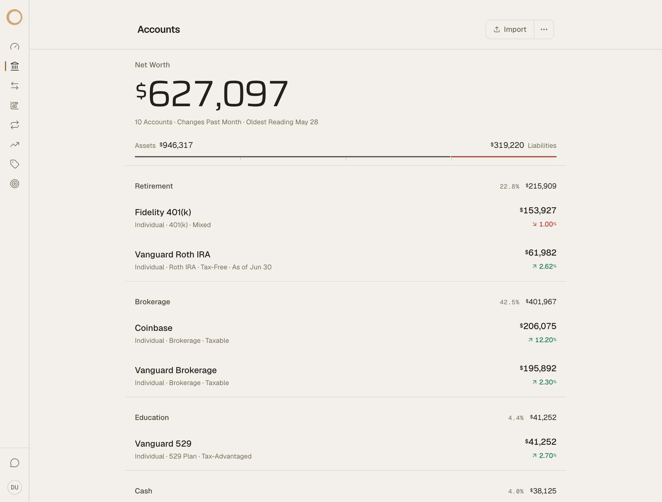 The Ouro Accounts page: net worth with an asset and liability bar, and account groups with balances and changes.