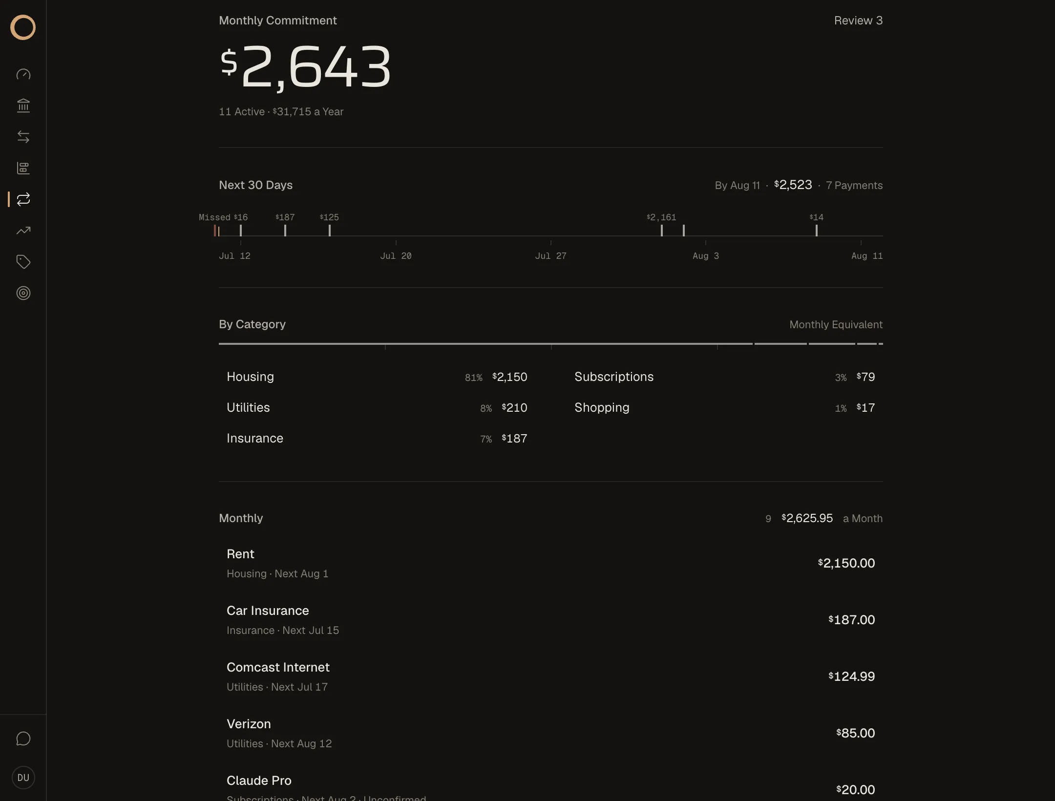 The Ouro Recurring page: a thirty-day forward schedule of upcoming subscriptions and bills.