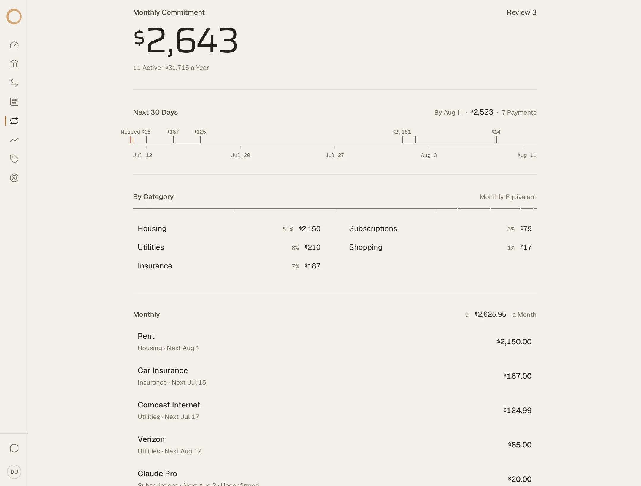 The Ouro Recurring page: a thirty-day forward schedule of upcoming subscriptions and bills.