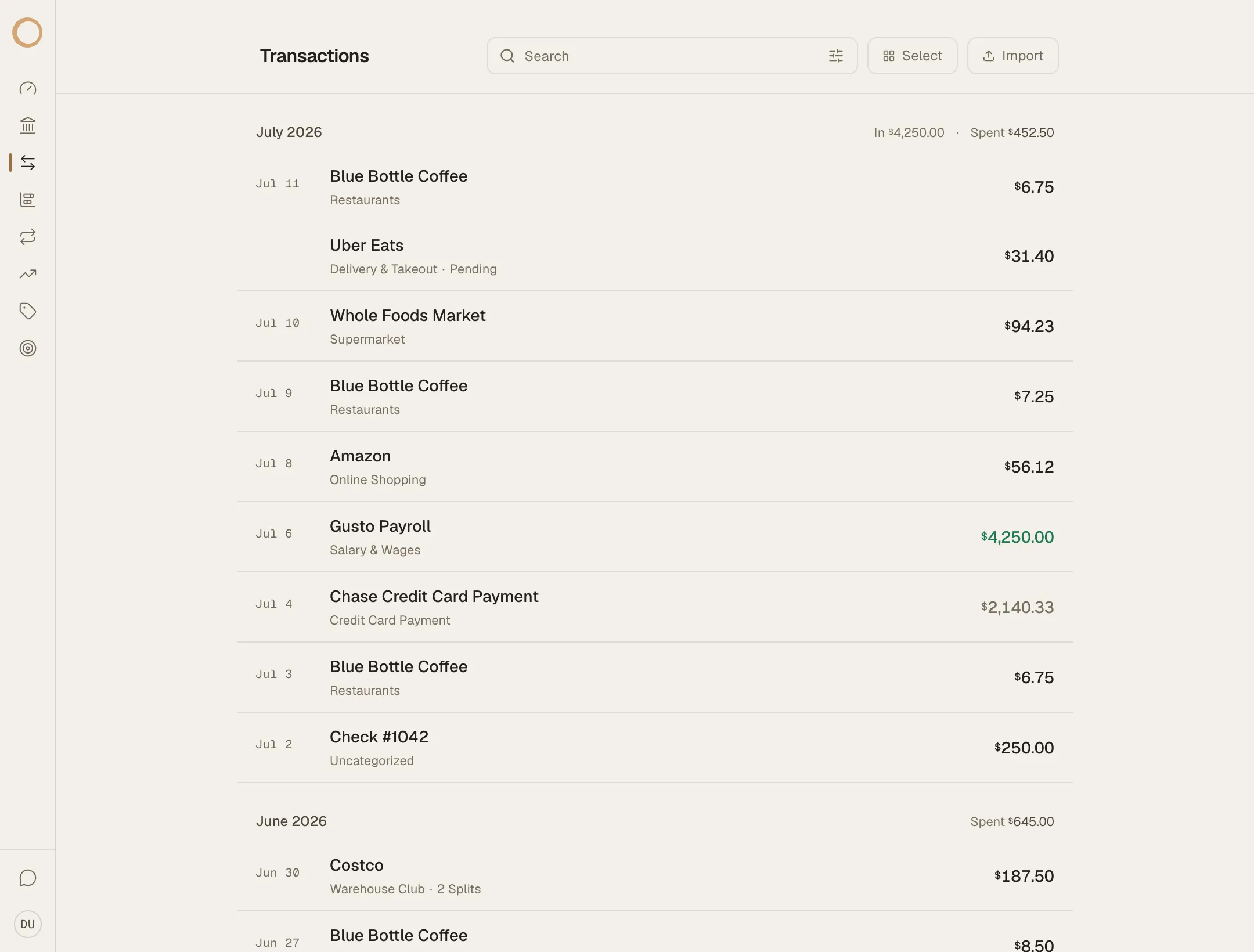 The Ouro Transactions page: a dated ledger of categorized transactions with monthly totals.